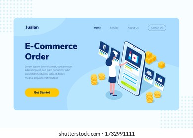 Landing Page E-Commerce Order Online Shopping Isometric Vector Illustration, Suitable for Web Banners, Infographics, Book, Social Media, And Other Graphic Assets