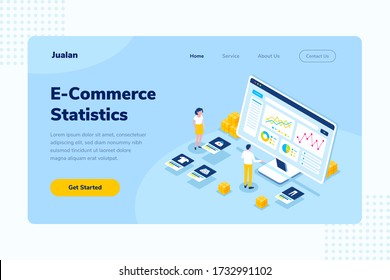 Landing Page E-Commerce Statistics Online Shopping Isometric Vector Illustration, Suitable for Web Banners, Infographics, Book, Social Media, And Other Graphic Assets
