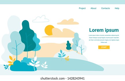 Landing Page with Editable Text. Cartoon Park Vegetation. Trees and Bushes on Skyline. Field or Meadow in Forest. Sunny Weather. Rest and Recreation. Vector Place for Romantic Dating Illustration