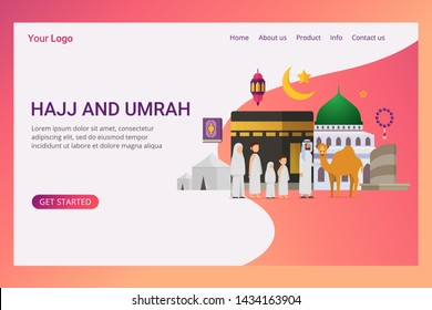 Landing page Eid adha mubarak with tiny people character design concept Hajj and Umrah season. Vector illustration
