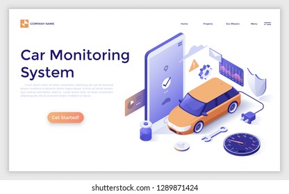 Página de aterrizaje con automóvil eléctrico, teléfono móvil gigante, batería, velocímetro y lugar para texto. Sistema de monitoreo de automóviles, control remoto, tecnología inteligente. Isometric vectorial ilustración para sitio web.