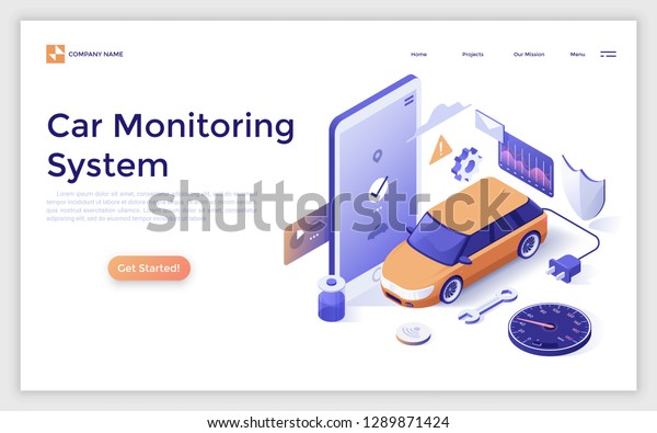 Landing page with electric automobile, giant\
mobile phone, battery, speedometer and place for text. Car\
monitoring system, remote control, smart technology. Isometric\
vector illustration for\
website.