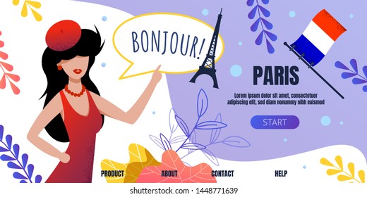 Landing Page with Elegant Lady Character Welcoming to Paris. Travel around France Advertisement. Vector Banner. Attractions and National Flag. Online Trip Booking. Flat Illustration in Natural Design