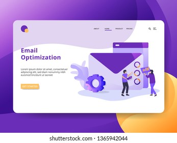 Landing Page Email Optimization concept, A man is carrying a laptop and a woman is analyzing, can be used for web landing pages, onboarding apps, banners, social media, media marketing.vector