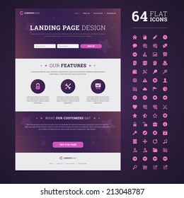 Landing Page / Email Template With Set Of 64 High Quality Flat Icons.