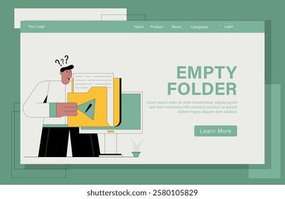 Landing page empty folder illustration. A man is holding a yellow folder