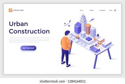 Landing page with engineer or architect looking at city model on table and place for text. Urban construction, planning, architecture. Isometric vector illustration for web page, advertisement.