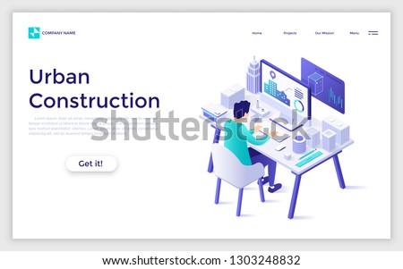 Landing page with engineer or architect working at desk with computer and city model or plan on it. Urban construction, planning, architecture. Isometric vector illustration for advertisement, promo.