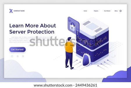 Landing page with engineer standing near data storage with closed access. Server protection isometric vector illustration. Controlling information internet privacy cartoon character composition