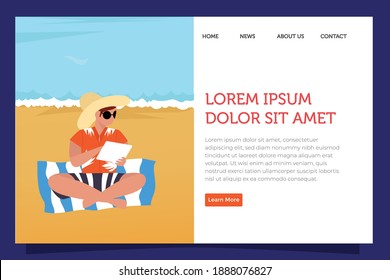 Landing page enjoy summer vacation. sunbathing, sitting, playing with water and being with friends. Theme for banner, website design or landing web page ou ui