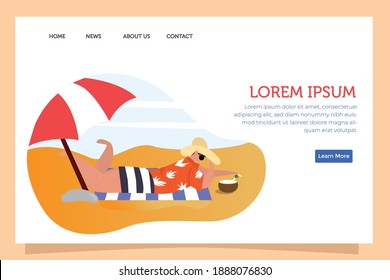 Landing page enjoy summer vacation. sunbathing, sitting, playing with water and being with friends. Theme for banner, website design or landing web page ou ui