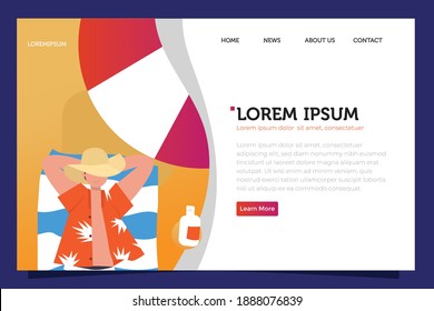 Landing page enjoy summer vacation. sunbathing, sitting, playing with water and being with friends. Theme for banner, website design or landing web page ou ui