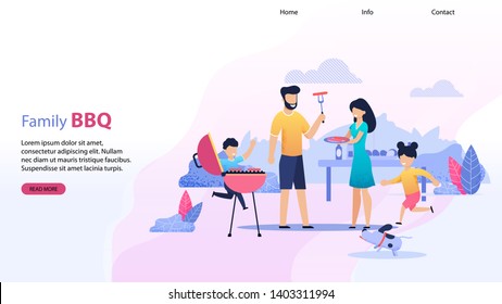 Landing Page with Family BBQ Text. Mother and Father with Two Preschool Kids Have Summer Picnic in Park or at Home. Children Play with Dog. Married Couple Cooking. Lifestyle Vector Flat Illustration