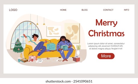 Landing page with family, people Christmas preparations indoors, hand drawn illustration.