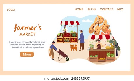 Landing page farmer's market, with booths, trading local products, shoppers, vendors.