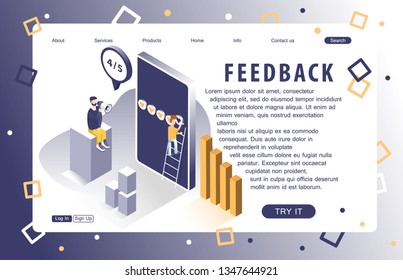 Landing page of feedback service. Isometric people. Abstract. Concept of web page design for website and mobile website. Vector illustration.