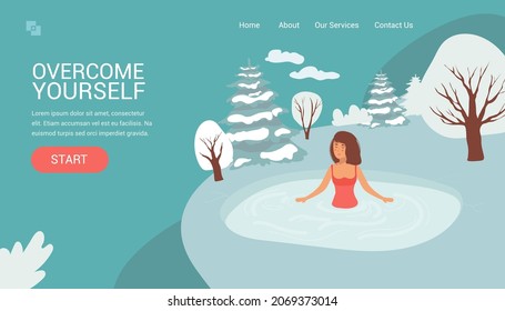 Landing page female Character Swimming in Ice. Healthy lifestyle challenge, sport activity concept. Hole in Winter Season. Woman, Healthy Lifestyle Challenge, Sports Activity. Vector Illustration