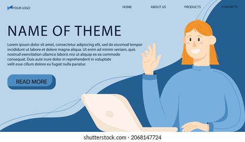 Landing page of female character waving her hand to say hello. Young woman with a laptop in a flat style. Vector illustration