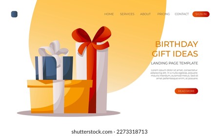 Landing page with festive gift boxes in wrapping paper with ribbon, bows. Pile of surprise giftboxes. Birthday party, celebration, holiday, event, bakery, tasty food concept. Vector for banner, web