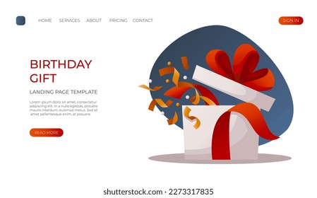 Landing page with festive open gift box with exploded confetti. Unfolded surprise giftbox with ribbon. Birthday party, celebration, holiday, event, bakery, tasty food concept. Vector for banner, web