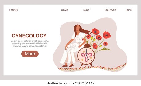 Landing page with a field of poppies on women's health. World Menopause Day. Gynecology.  A woman with a clock in the form of a uterus. 