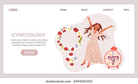 Landing page con un campo de amapolas sobre la salud de las mujeres. Día Mundial de la Menopausia. Ginecología.  Una mujer con un reloj en forma de útero. Menopausia, sofocos, dolores de cabeza, señales femeninas.