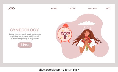 Landing page with a field of poppies on women's health. World Menopause Day. Gynecology.  A woman with a clock in the form of a uterus. Menopause, hot flashes, headaches, female sign.