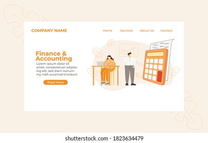 Landing Page Finance and Accounting Division Women Focus on Laptop and Man Calculate Expense with Big Calculator Flat Design Illustration Vector