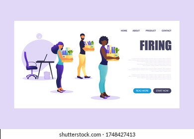 Landing page of firing employee.  People standing with offices box with things. Unemployment concept, crisis, jobless and employee job reduction. Job loss.