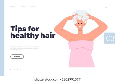 Landing page flat design template offering tips for healthy hair and female beauty treatment