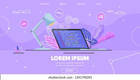 Landing Page Flat Editable Template for Software Development, Design and Programming. Program Code on Laptop Screen. Office Desk, Table Lamp. Workflow Process. Vector Illustration in Floral Style