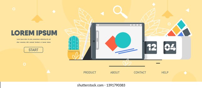 Landing Page Flat Layout for Graphic Designer Tablet Application. Screen with Running App, Flower Pot and Calendar. Presentation for Launch New Program Product on Market. Vector Illustration.