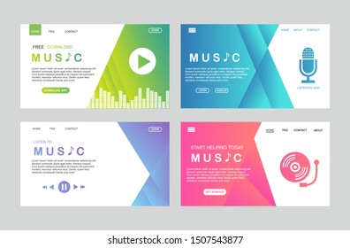 landing page of Flat music player template for web and mobile apps. Media player application, app template with flat design style for smartphones, PC or tablets