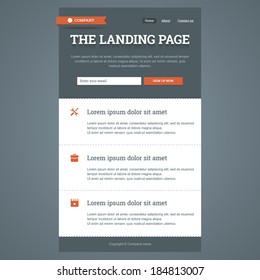 Landing page in flat style with features icons and sign up form. Vector template.