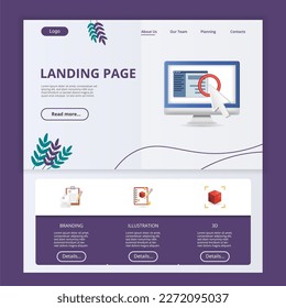 Landing page flat landing page website template. Branding, illustration, 3d. Web banner with header, content and footer. Vector illustration.