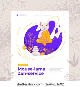 landing page with floating mouse surrounded by zen basalt stones, orchid and bamboo