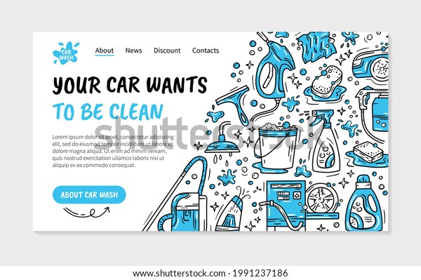 Landing page or flyer for the car wash\
and auto detailing in the Doodle style. Vector template with icons\
of high-pressure washer and vacuum\
cleaner.