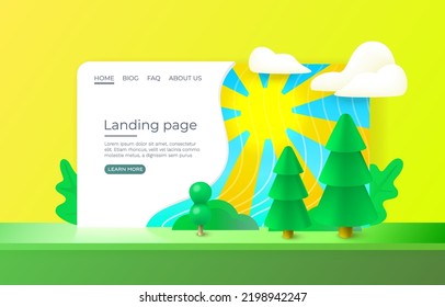 Landing Page Forest Landscape, Nature Scene, Website Poster. Vector Illustration