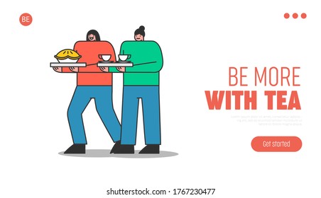 Landing page of friends meeting with two women serving tea or coffee and pie. Female cartoon waiters or hosts with cake and hot beverage. Cartoon template vector illustration