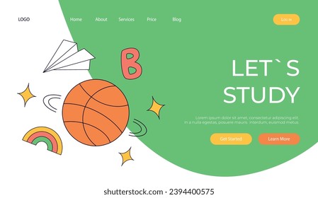 Landing page with funky retro groovy basketball ball, paper airplane. Back to school. Children's stationery subjects. Funny study school supplies. Nostalgia 60s, 70s, 80s. Vector for banner, website