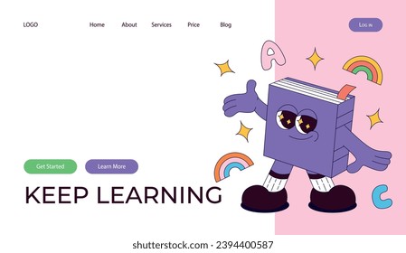 Landing page with funky retro groovy book character with bookmark. Back to school. Children's stationery subjects. Funny study school supplies. Nostalgia 60s, 70s, 80s. Vector for banner, website