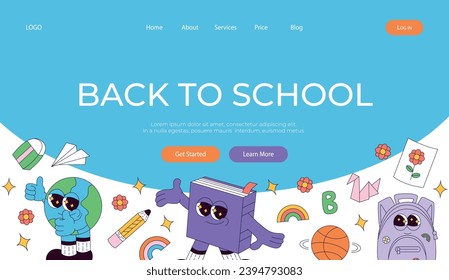 Landing page with funky retro groovy basketball ball, note, book, earth planet, backpack, stickers. Back to school. Children's stationery subjects. Funny study school supplies. Nostalgia 60s, 70s, 80s