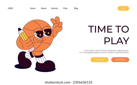 Landing page with funky retro groovy basketball ball character with pencil.Back to school.Children's stationery subjects. Funny study school supplies.Nostalgia 60s, 70s, 80s.Vector for banner, website