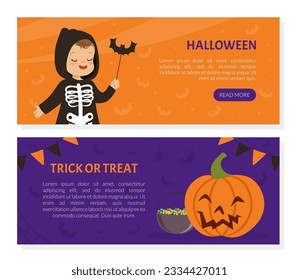 Landing Page with Funny Boy Dressed in Halloween Skeleton Costume and Pumpkin Vector Template