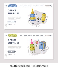 Landing Page With Funny Office Supplies Humanized Character With Glue And Book Playing Ball Vector Template