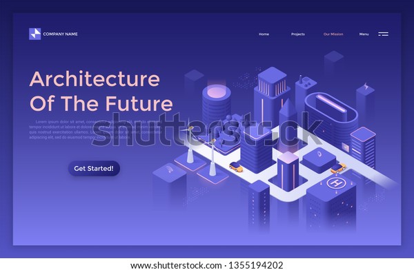 Landing page with futuristic city at night,\
glowing modern buildings and skyscrapers, roads. Concept of\
architecture of future. Isometric vector illustration for real\
estate advertisement,\
website.