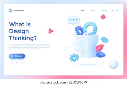 Landing page with gear wheels inside human head, speech bubble. Concept of creative intelligence, smart thinking, innovative technology, hi-tech idea or insight. 3D cartoon website template