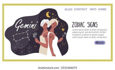 Landing page with Gemini zodiac sign, avatar female horoscope. Modern woman character, stylish astrological personality. Trendy girl with horns, with lamb, goat. Flat graphic vector illustration.