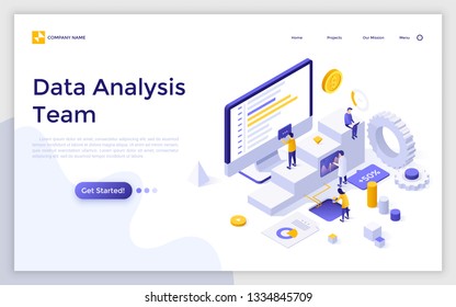 Landing page with giant computer, charts diagrams, graphs and group of tiny people or analysts. Data analysis team, statistical analytics, market research. Modern isometric vector illustration.