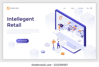 Landing page with giant computer display and robots working at warehouse inside, customer ascending stairs. Intelligent retail, online store with robotic fulfillment system. Vector illustration.